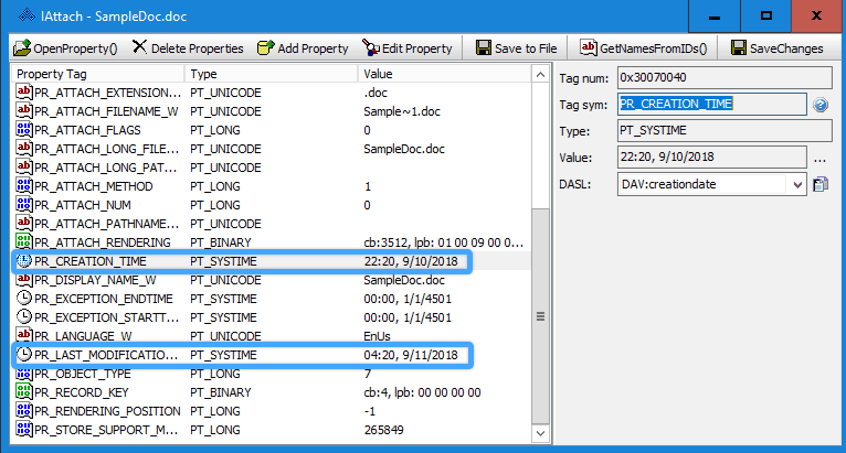 MSG File Attachments Table for Word Forensic Authentication